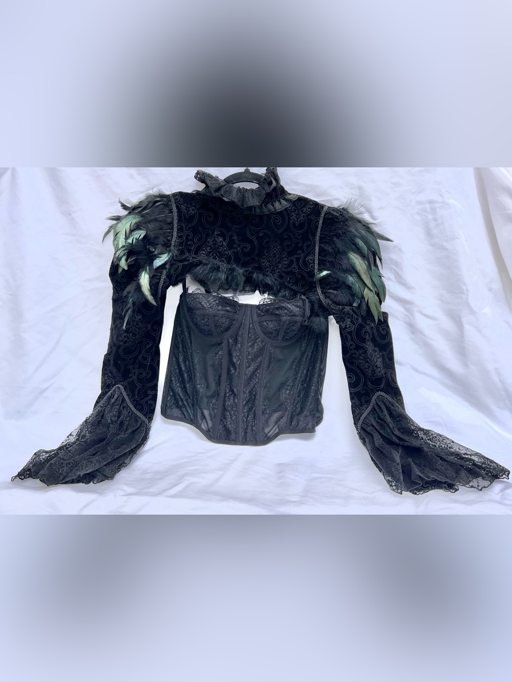 Black Lace Ostrich Feather Bolero Topper Top Gothic Victorian Halloween Costume - Picture 5 of 12